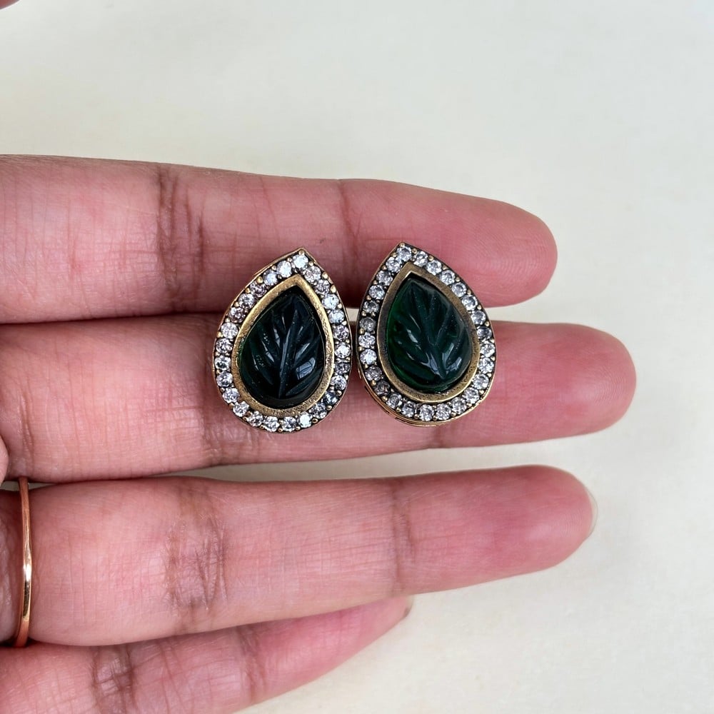 Handmade Brass Metal Jewellery Green Teardrop Studs